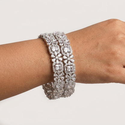 Silver Plated American Diamond Floral Designer Bangles Set for Women