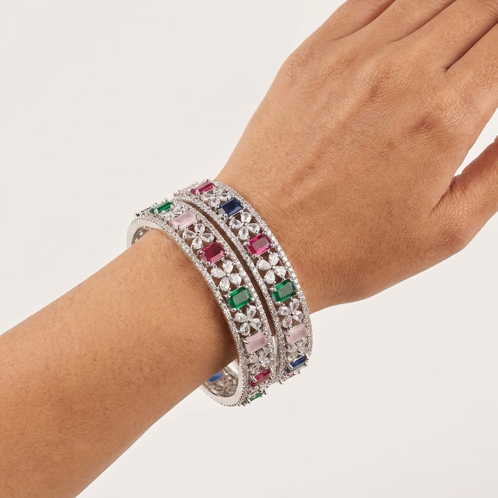 Silver Plated Multicolor American Diamond Designer Bangles Set for Women