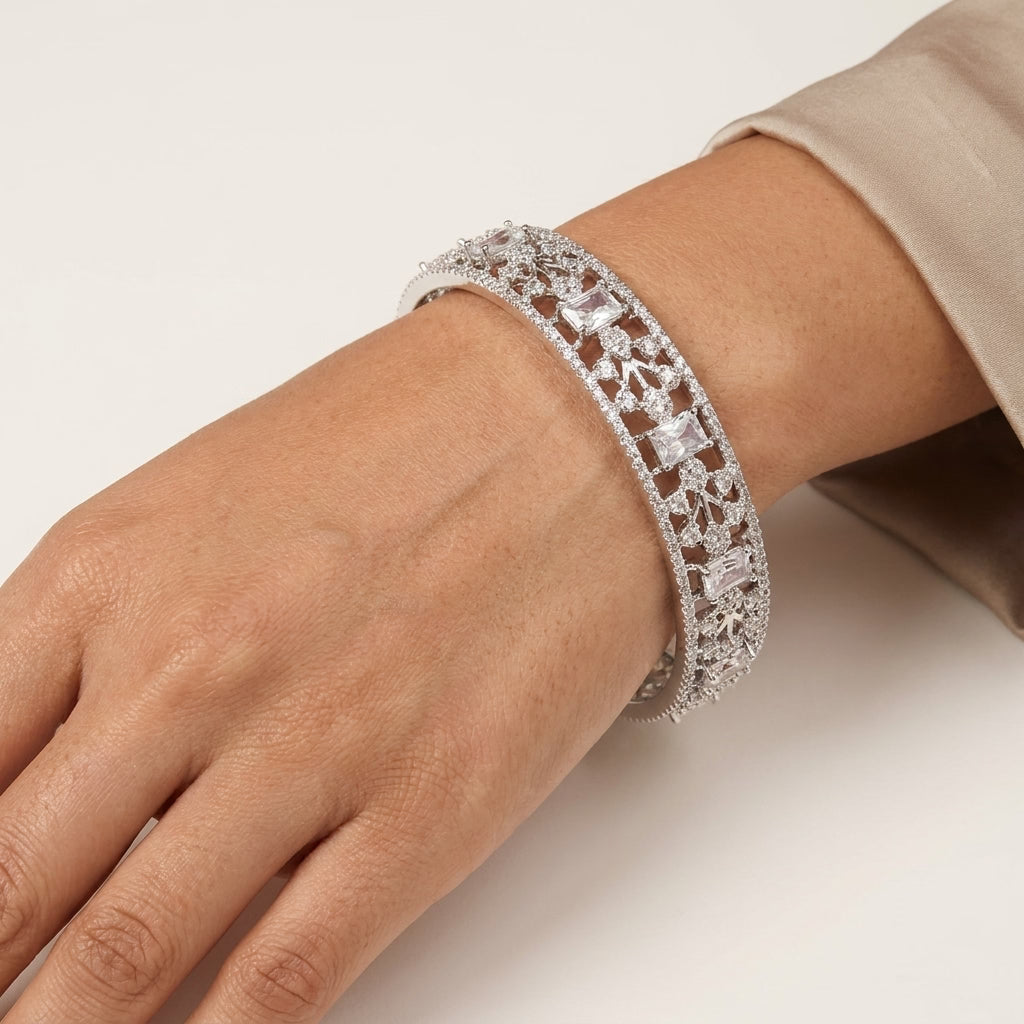 Silver Plated American Diamond Geometric Designer Bangles Set for Women