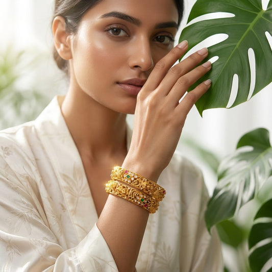 Antique Lakshmi Temple Gold Finish Designer Bangles for Women, Pair