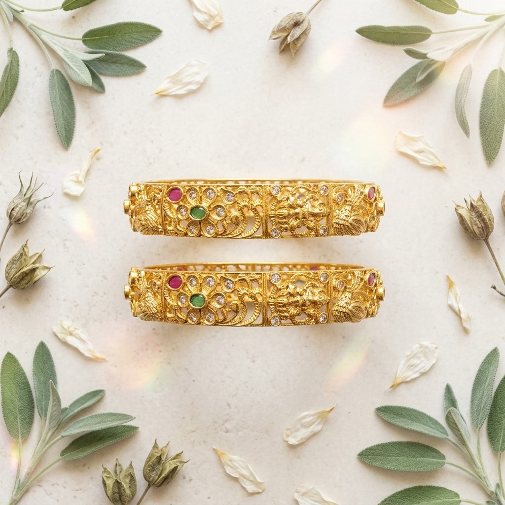 Antique Lakshmi Temple Gold Finish Designer Bangles for Women, Pair
