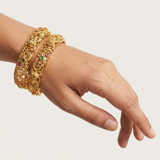 Antique Lakshmi Temple Gold Finish Designer Bangles for Women, Pair