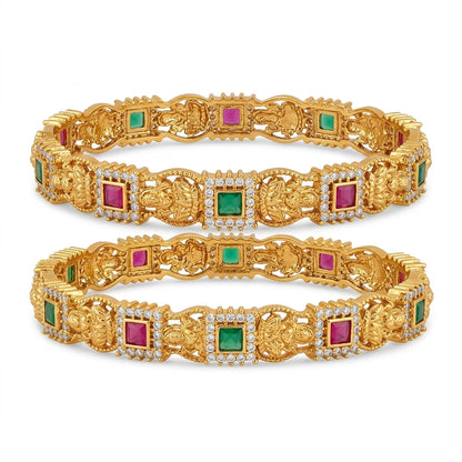 Antique Lakshmi Temple Gold Finish Designer Bangles with CZ, Ruby & Emerald Stones for Women, Pair