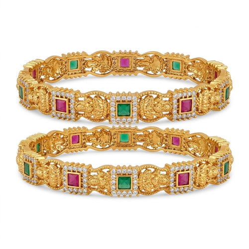 Antique Lakshmi Temple Gold Finish Designer Bangles with CZ, Ruby & Emerald Stones for Women, Pair