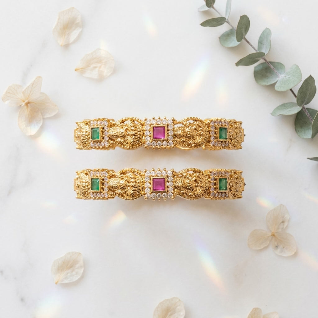 Antique Lakshmi Temple Gold Finish Designer Bangles with CZ, Ruby & Emerald Stones for Women, Pair