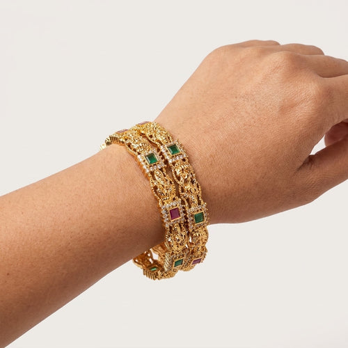 Antique Lakshmi Temple Gold Finish Designer Bangles with CZ, Ruby & Emerald Stones for Women, Pair