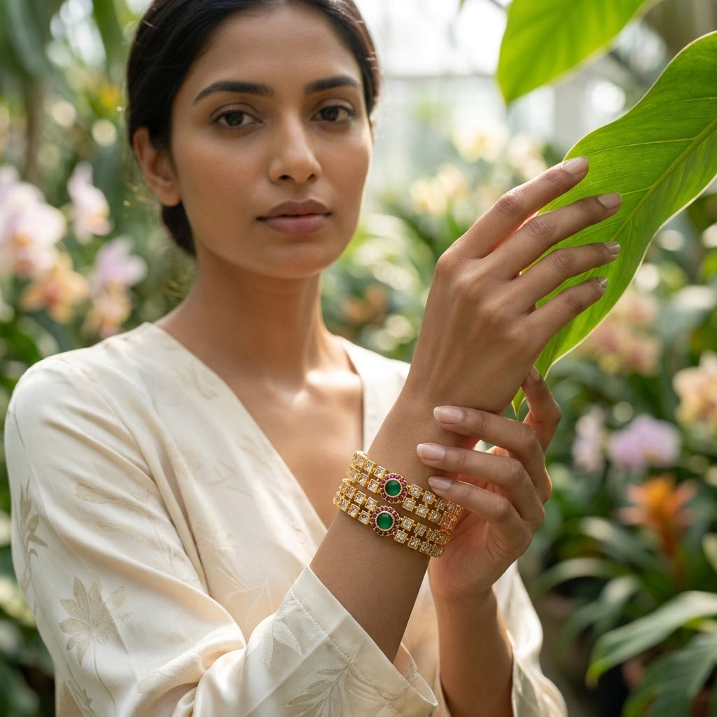 aurelia emerald halo gold plated american diamond bangles for women | premium designer bangle pair