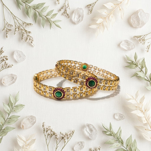 Aurelia Emerald Halo Gold Plated American Diamond Bangles for Women | Premium Designer Bangle Pair