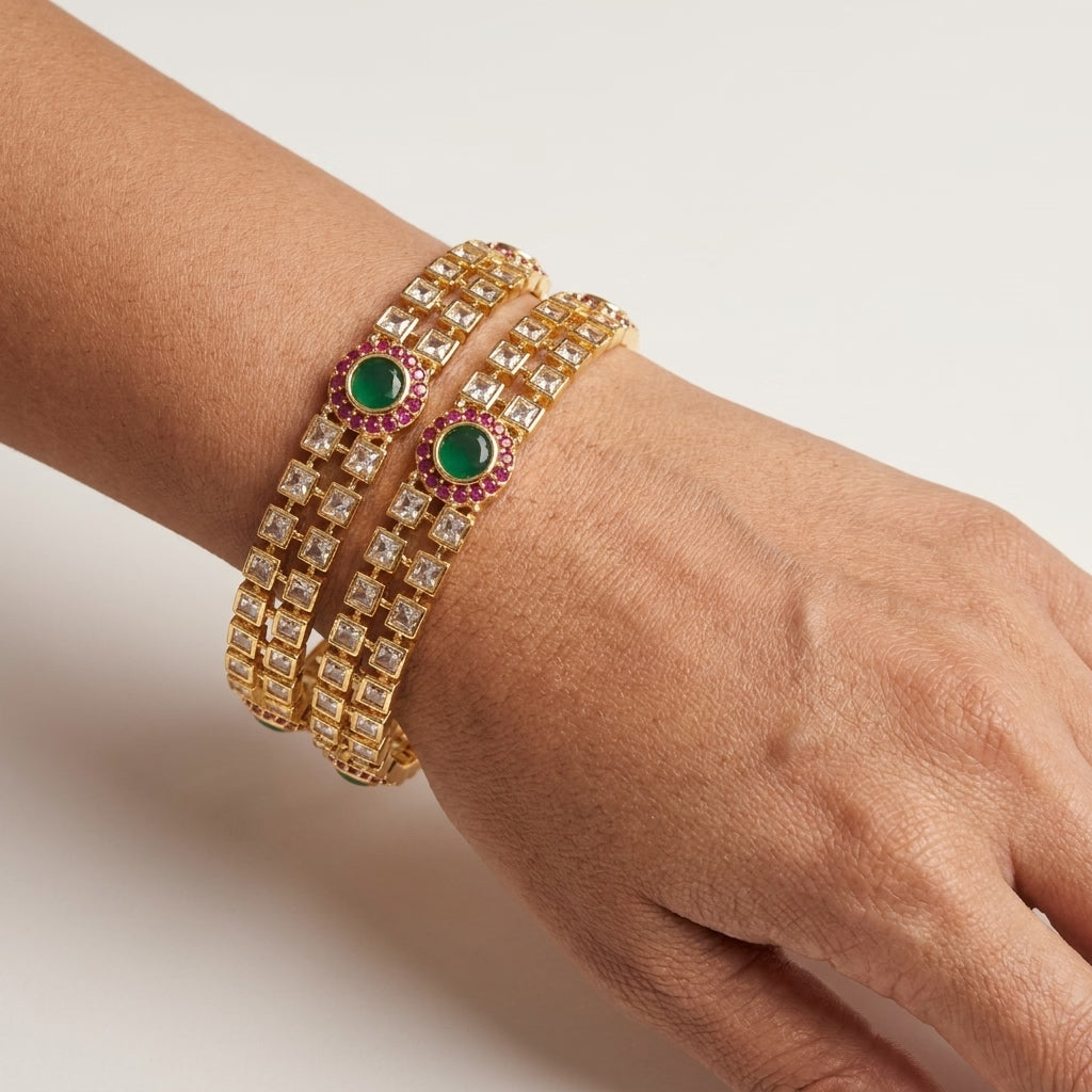 aurelia emerald halo gold plated american diamond bangles for women | premium designer bangle pair