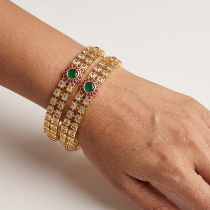 Aurelia Emerald Halo Gold Plated American Diamond Bangles for Women | Premium Designer Bangle Pair