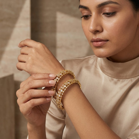 Aurielle Luxe Gold Plated American Diamond Statement Bangles for Women | Premium Designer Bangle Pair