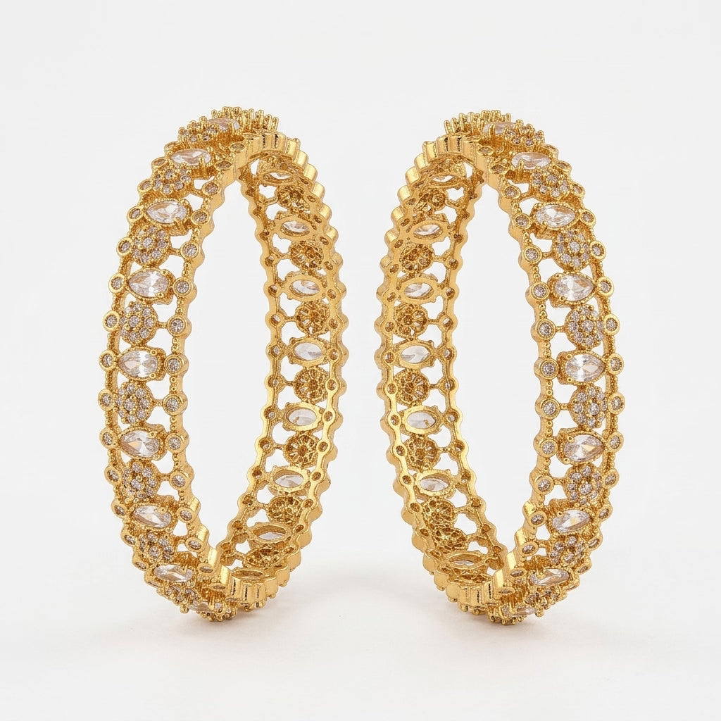 aurielle luxe gold plated american diamond statement bangles for women | premium designer bangle pair
