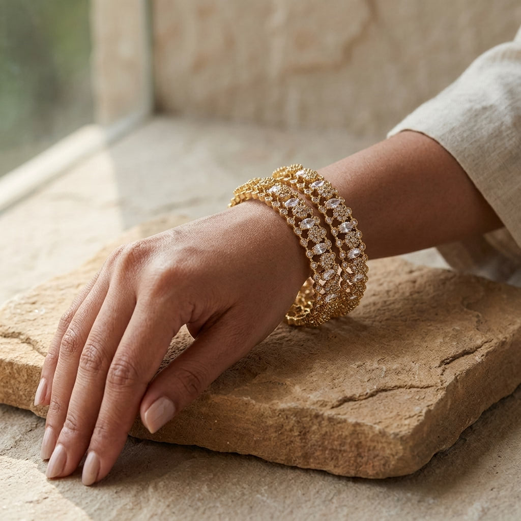 aurielle luxe gold plated american diamond statement bangles for women | premium designer bangle pair