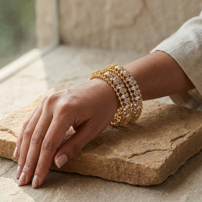 Aurielle Luxe Gold Plated American Diamond Statement Bangles for Women | Premium Designer Bangle Pair