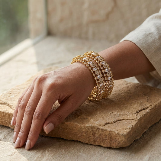 Aurielle Luxe Gold Plated American Diamond Statement Bangles for Women | Premium Designer Bangle Pair