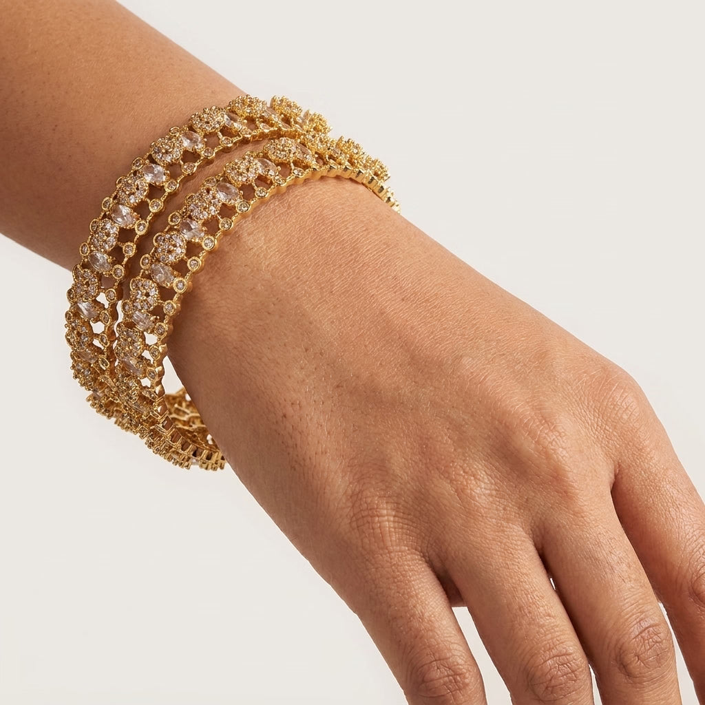 aurielle luxe gold plated american diamond statement bangles for women | premium designer bangle pair