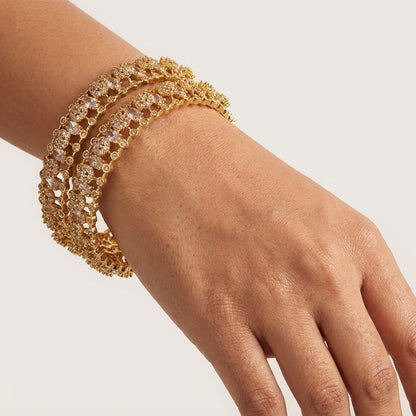 Aurielle Luxe Gold Plated American Diamond Statement Bangles for Women | Premium Designer Bangle Pair