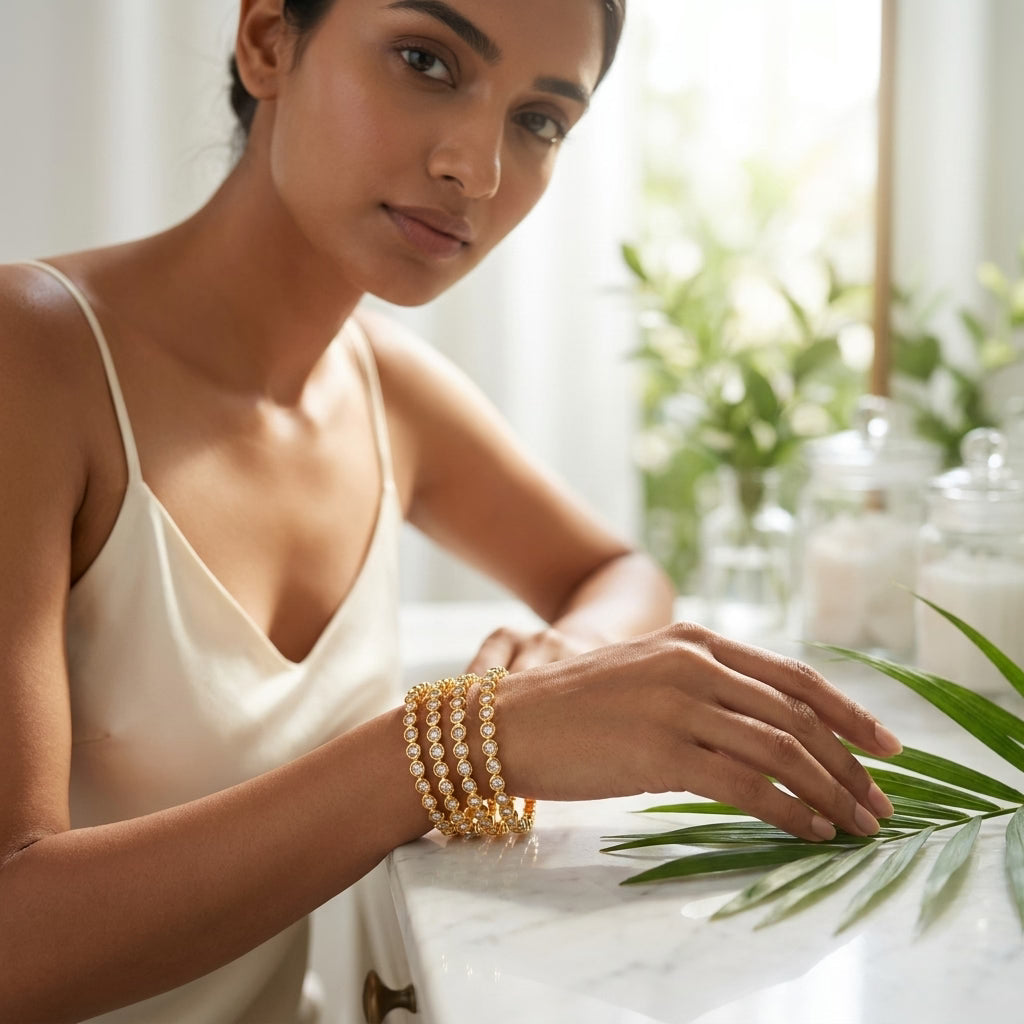 aurora spark gold plated american diamond slim bangles set for women | 4 piece designer stackable bangles