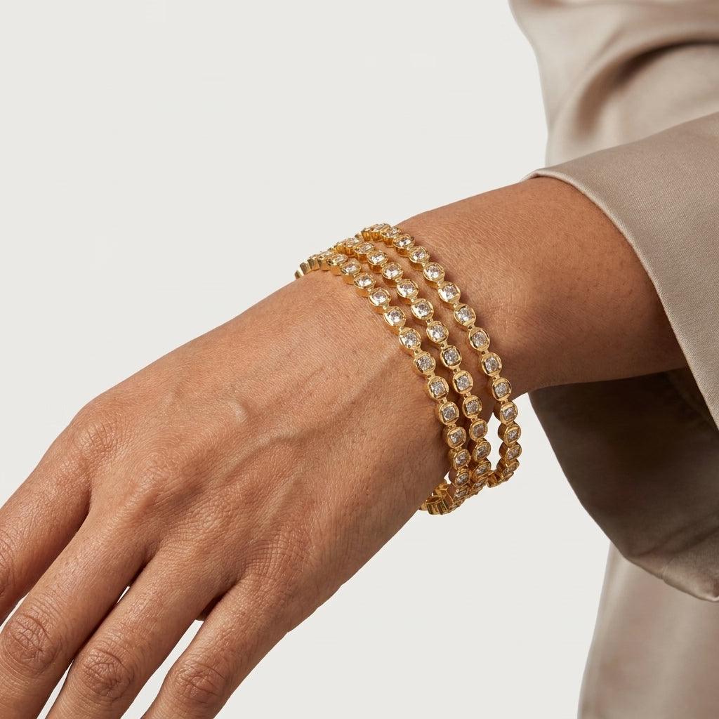 aurora spark gold plated american diamond slim bangles set for women | 4 piece designer stackable bangles