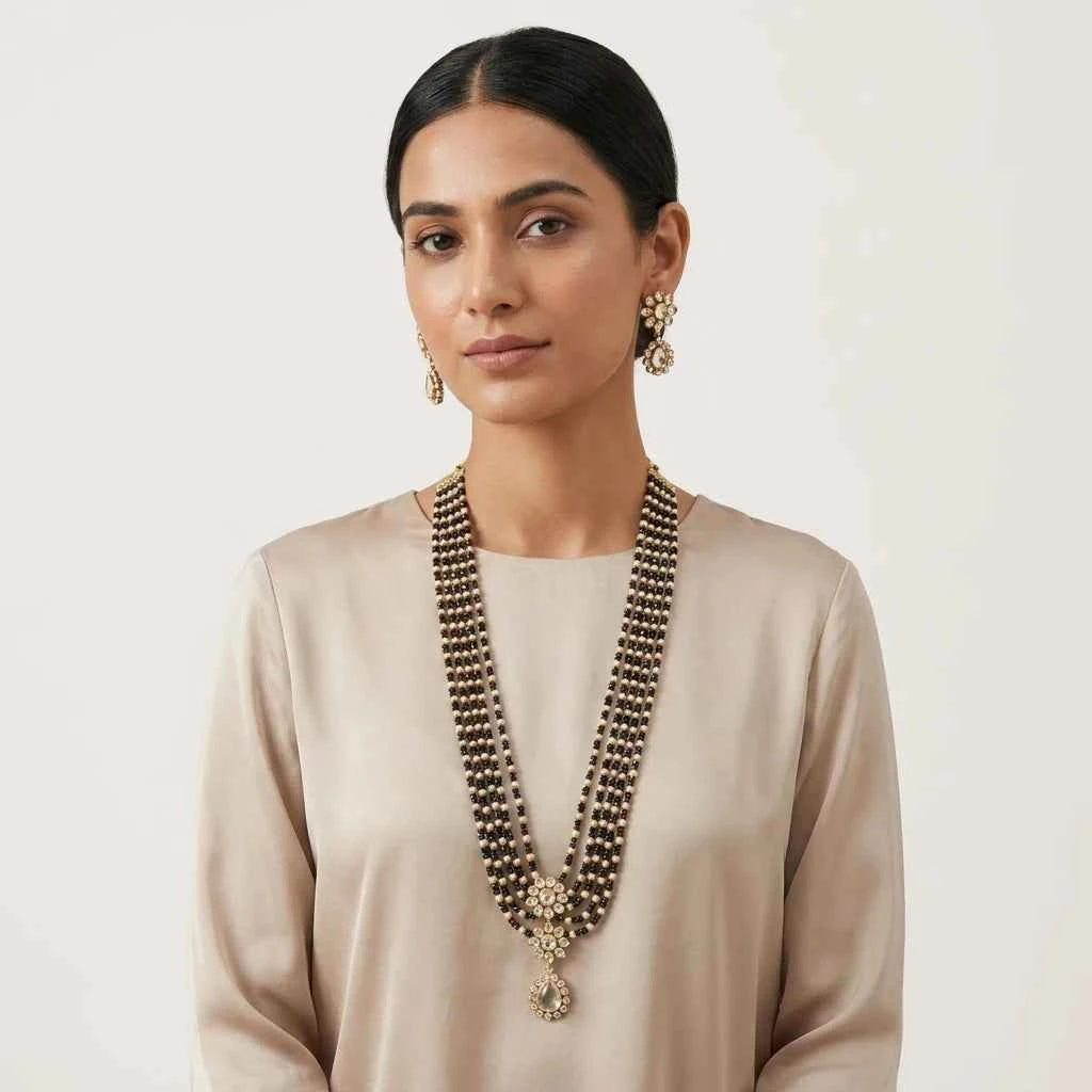 Black Beaded Layered Necklace Set with Earrings for Women | Designer Bridal Jewellery - GEHNA OFFICIAL