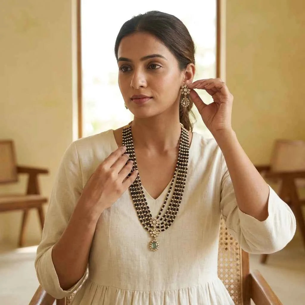 Black Beaded Layered Necklace Set with Earrings for Women | Designer Bridal Jewellery - GEHNA OFFICIAL