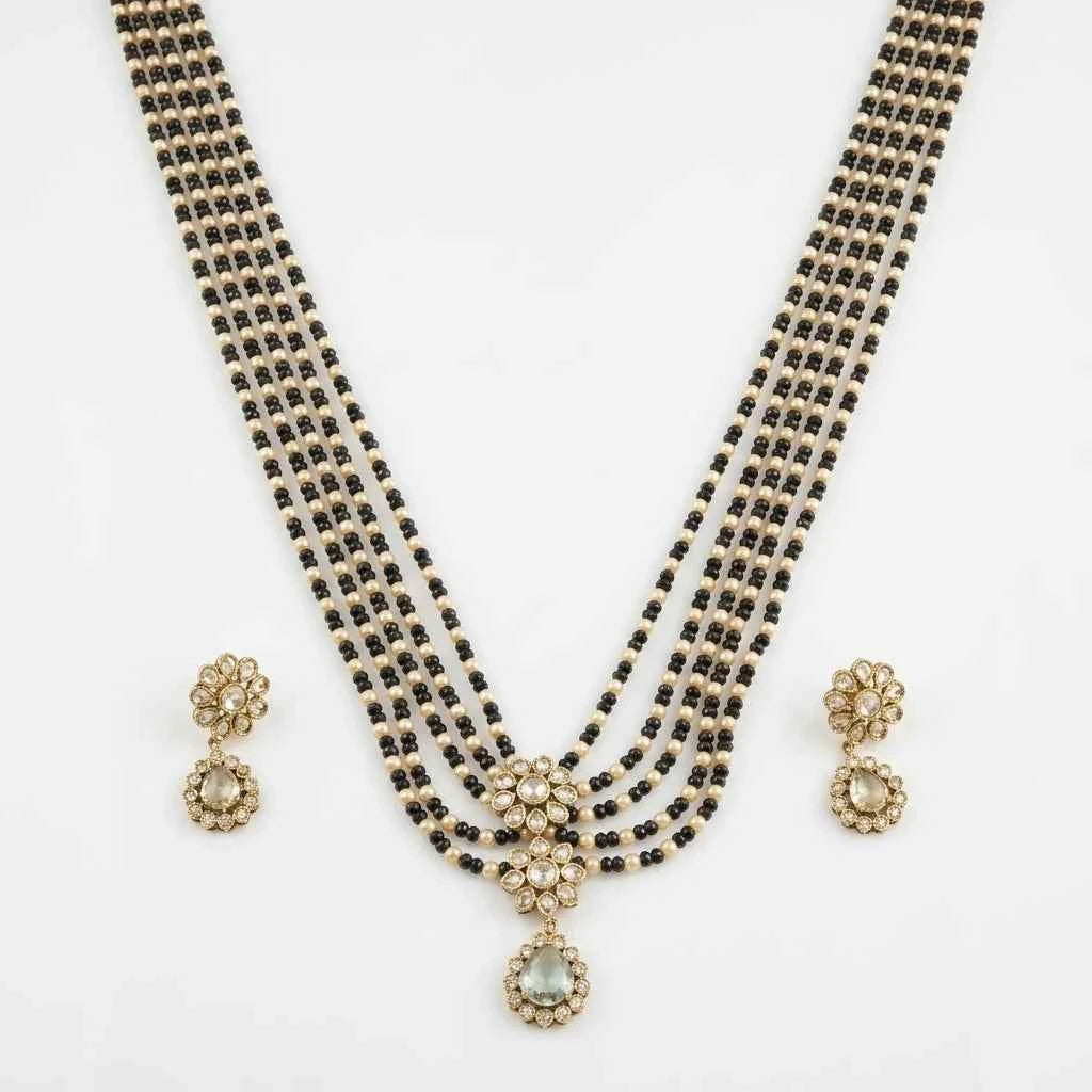 Black Beaded Layered Necklace Set with Earrings for Women | Designer Bridal Jewellery - GEHNA OFFICIAL