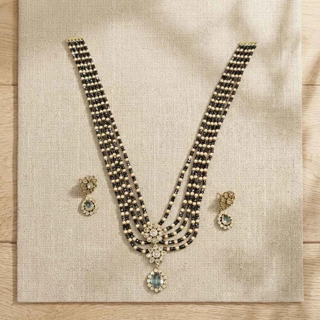 Black Beaded Layered Necklace Set with Earrings for Women | Designer Bridal Jewellery - GEHNA OFFICIAL