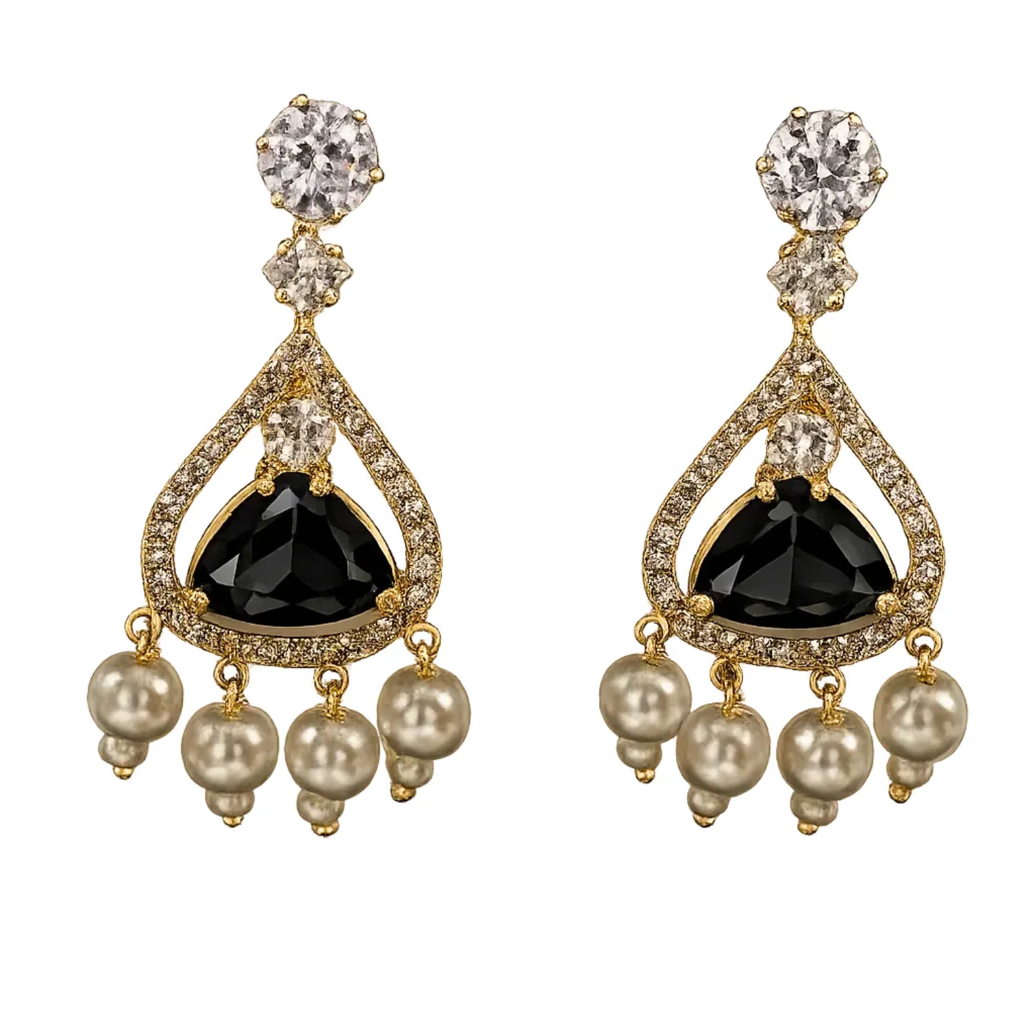 Black Onyx Stone Pearl Drop Earrings for Women | American Diamond Luxury Earrings - GEHNA OFFICIAL