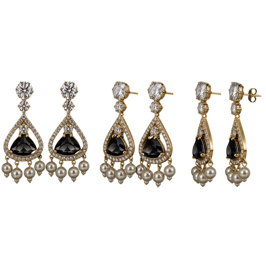 Black Onyx Stone Pearl Drop Earrings for Women | American Diamond Luxury Earrings