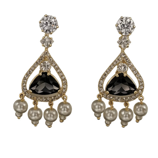 Black Onyx Stone Pearl Drop Earrings for Women | American Diamond Luxury Earrings