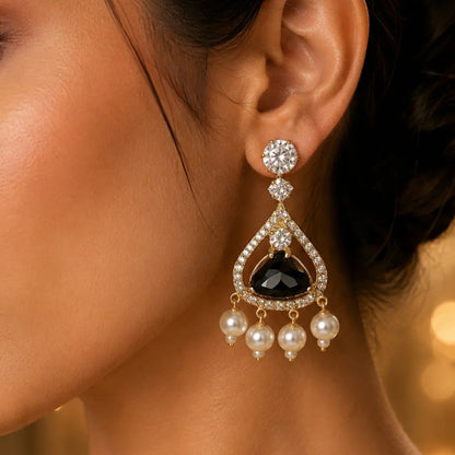 Black Onyx Stone Pearl Drop Earrings for Women | American Diamond Luxury Earrings - GEHNA OFFICIAL