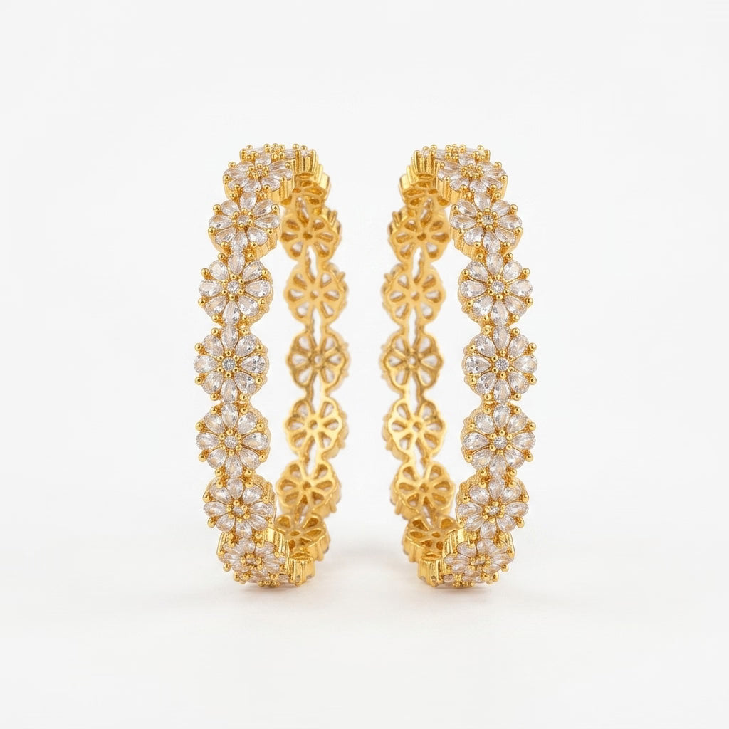 Blossom Luxe Gold Plated American Diamond Floral Bangles for Women | Designer Flower Pattern Bangle Pair