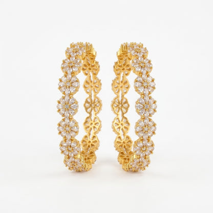 Blossom Luxe Gold Plated American Diamond Floral Bangles for Women | Designer Flower Pattern Bangle Pair