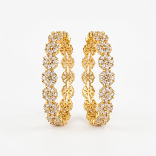 Blossom Luxe Gold Plated American Diamond Floral Bangles for Women | Designer Flower Pattern Bangle Pair