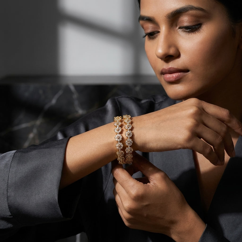Blossom Luxe Gold Plated American Diamond Floral Bangles for Women | Designer Flower Pattern Bangle Pair