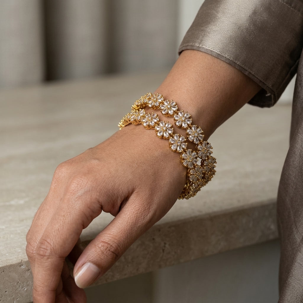 Blossom Luxe Gold Plated American Diamond Floral Bangles for Women | Designer Flower Pattern Bangle Pair