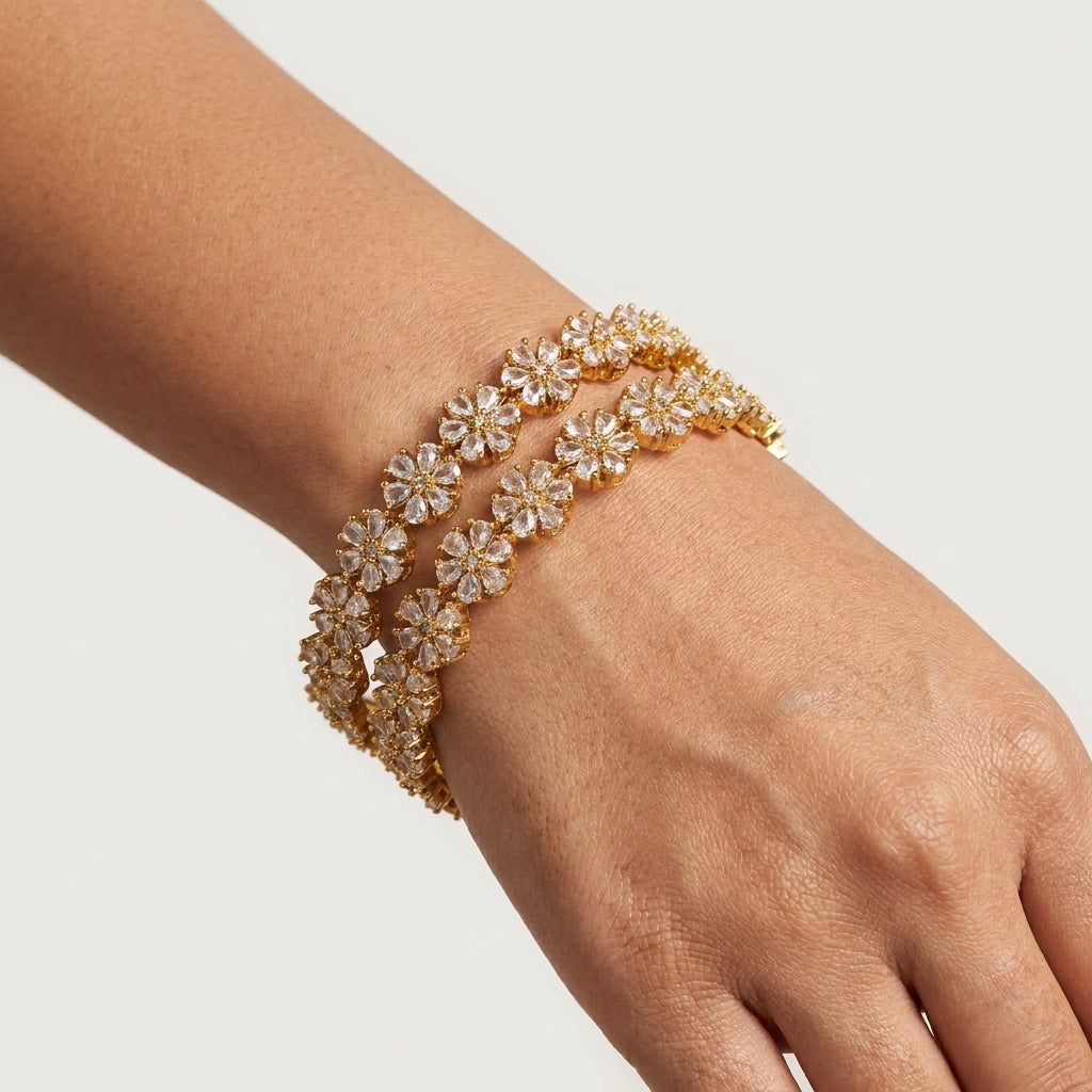 Blossom Luxe Gold Plated American Diamond Floral Bangles for Women | Designer Flower Pattern Bangle Pair