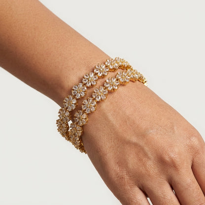 Blossom Luxe Gold Plated American Diamond Floral Bangles for Women | Designer Flower Pattern Bangle Pair