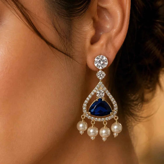 Royal Blue Stone Pearl Drop Earrings for Women | American Diamond Gold Tone Party Wear Earrings - GEHNA OFFICIAL