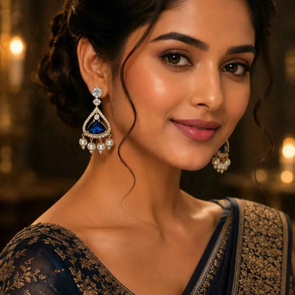 Royal Blue Stone Pearl Drop Earrings for Women | American Diamond Gold Tone Party Wear Earrings - GEHNA OFFICIAL