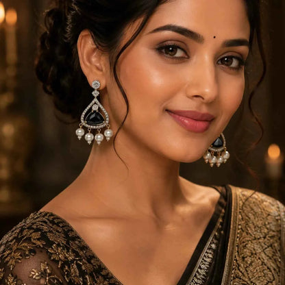 Royal Blue Stone Pearl Drop Earrings for Women | American Diamond Gold Tone Party Wear Earrings - GEHNA OFFICIAL