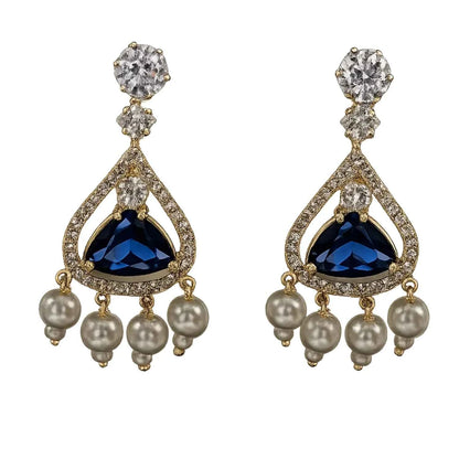 Royal Blue Stone Pearl Drop Earrings for Women | American Diamond Gold Tone Party Wear Earrings - GEHNA OFFICIAL