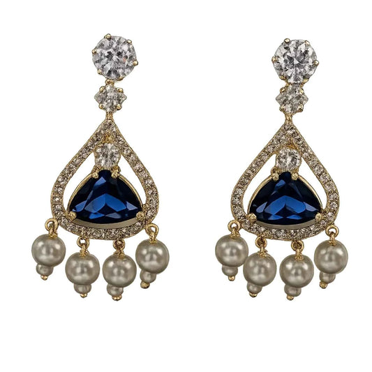 Royal Blue Stone Pearl Drop Earrings for Women | American Diamond Gold Tone Party Wear Earrings - GEHNA OFFICIAL