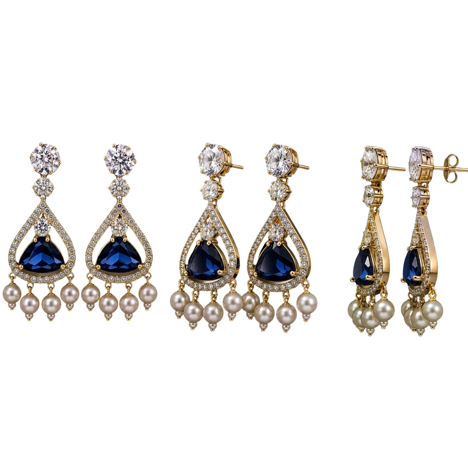 Royal Blue Stone Pearl Drop Earrings for Women | American Diamond Gold Tone Party Wear Earrings - GEHNA OFFICIAL