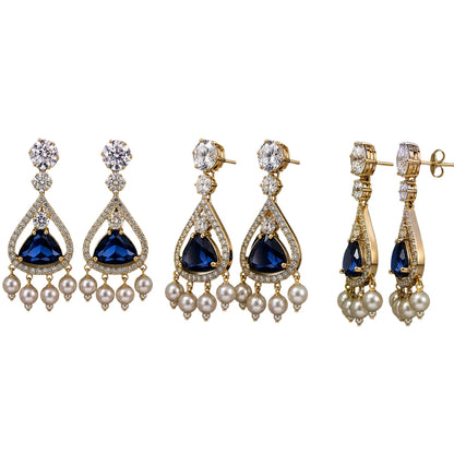 Royal Blue Stone Pearl Drop Earrings for Women | American Diamond Gold Tone Party Wear Earrings - GEHNA OFFICIAL