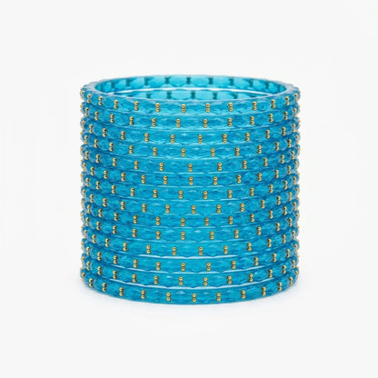 Raindrop Glass Bangles With Golden Beads, Traditional Indian Glass Chudi Set