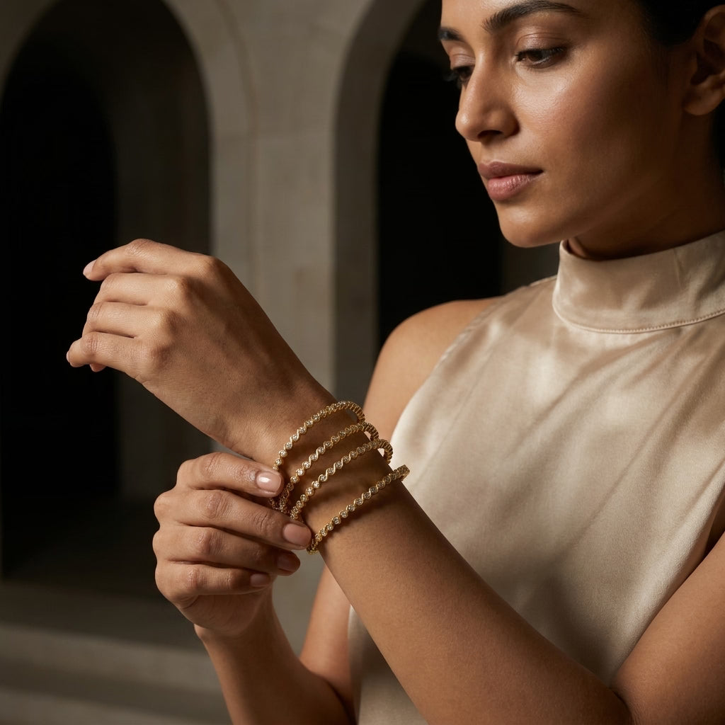Celestial Twist Gold Plated American Diamond Slim Bangles Set for Women | 4 Piece Designer Stackable Bangles