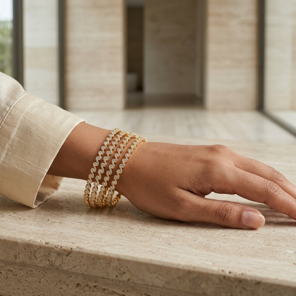 celestial twist gold plated american diamond slim bangles set for women | 4 piece designer stackable bangles