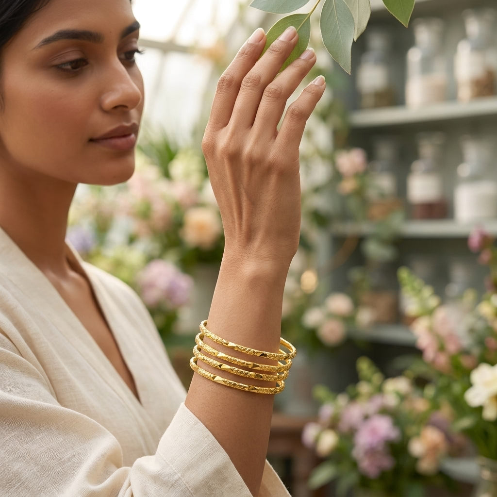 classic gold finish textured daily wear bangles set for women, set of 4