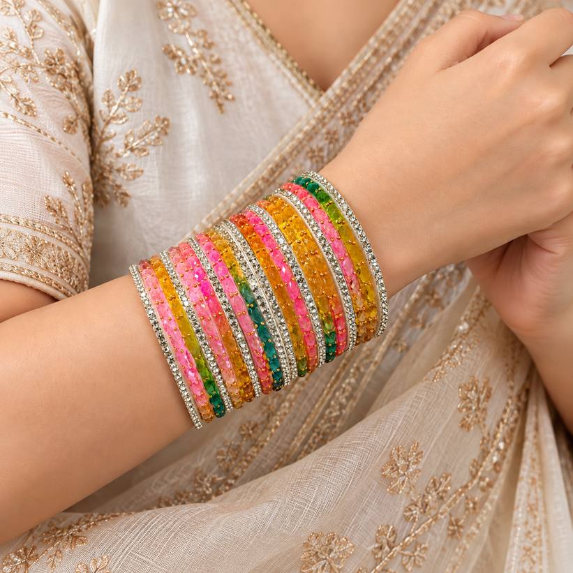 woman wearing pink yellow green stone studded bangles with saree